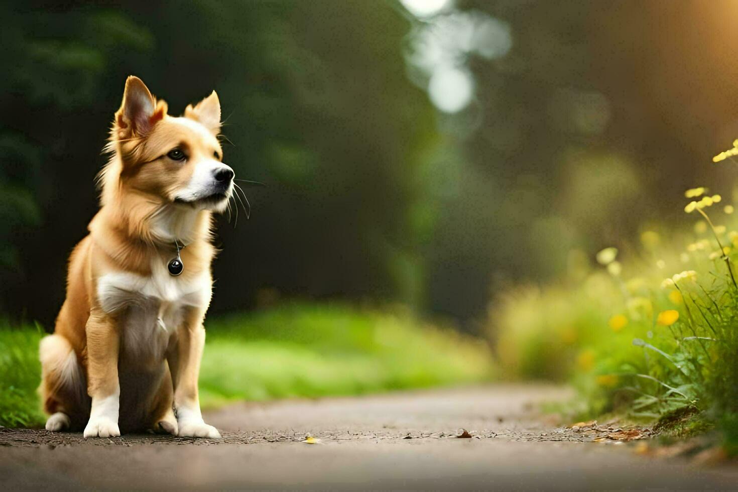 a dog sitting on the road in the middle of a field. AI-Generated photo