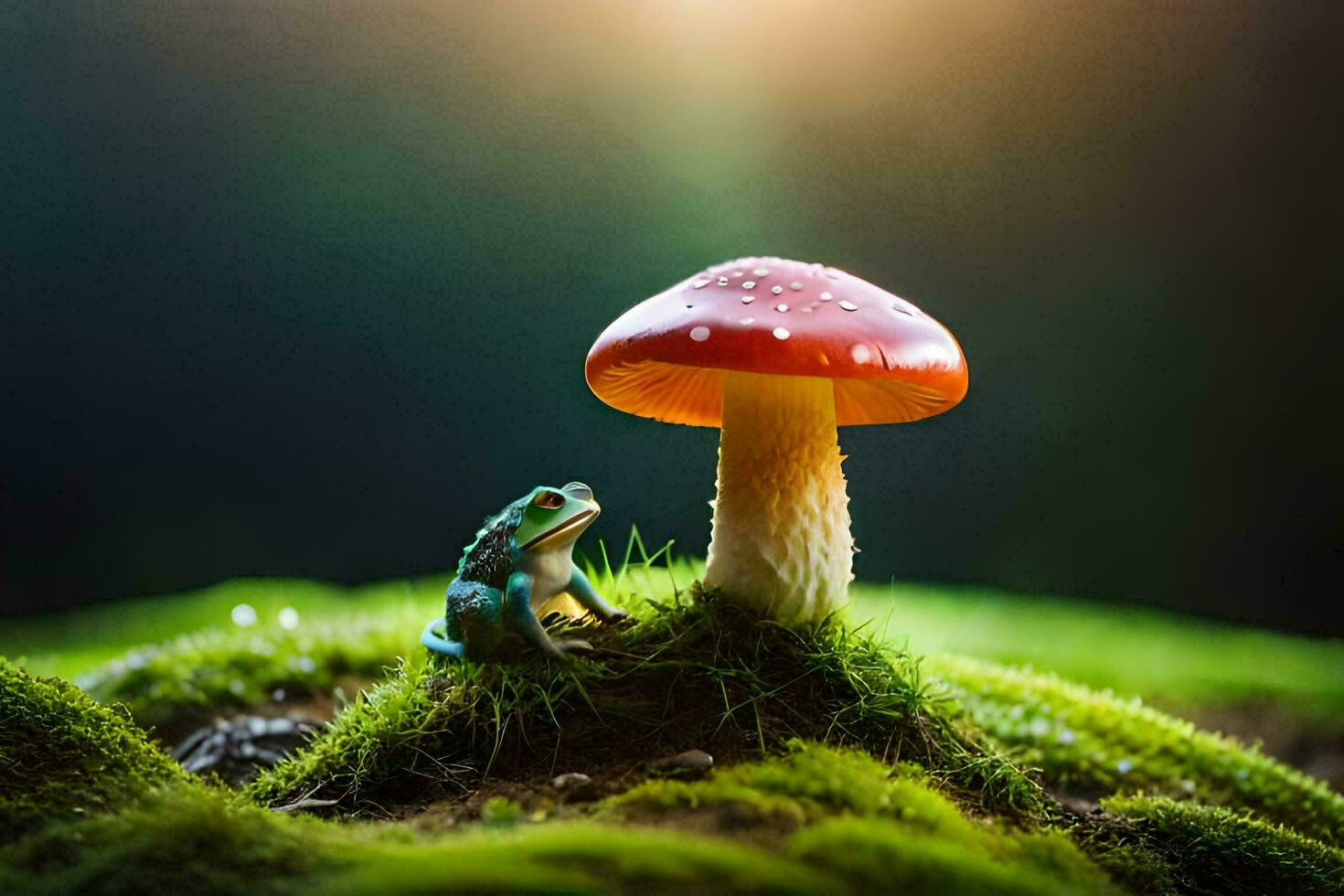 a small frog sits on a mossy hillside under a red mushroom. AI-Generated photo