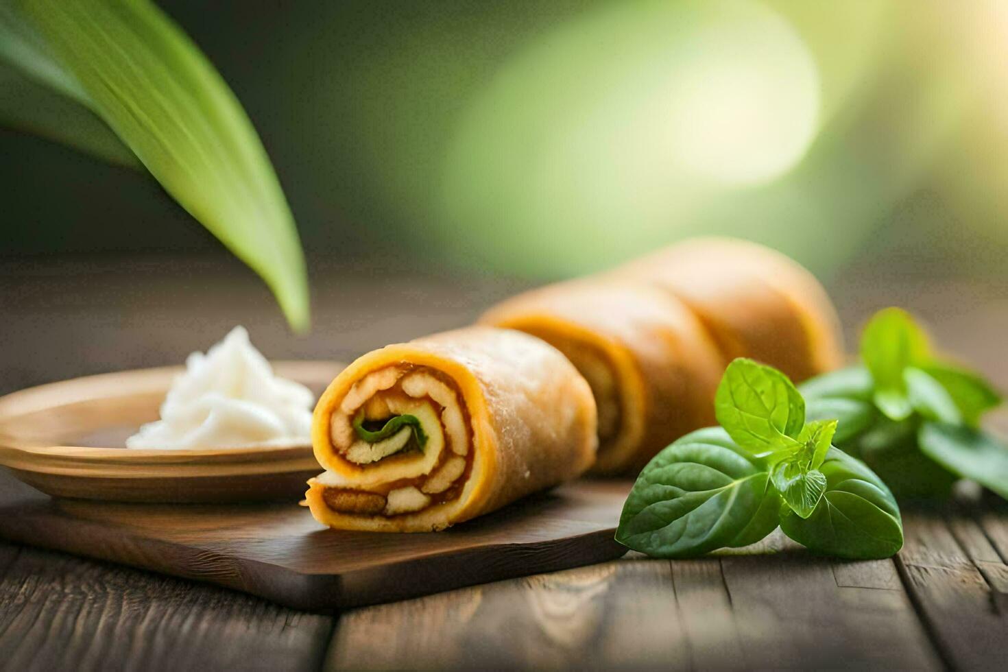 a roll of pastry with cream and basil leaves. AI-Generated photo