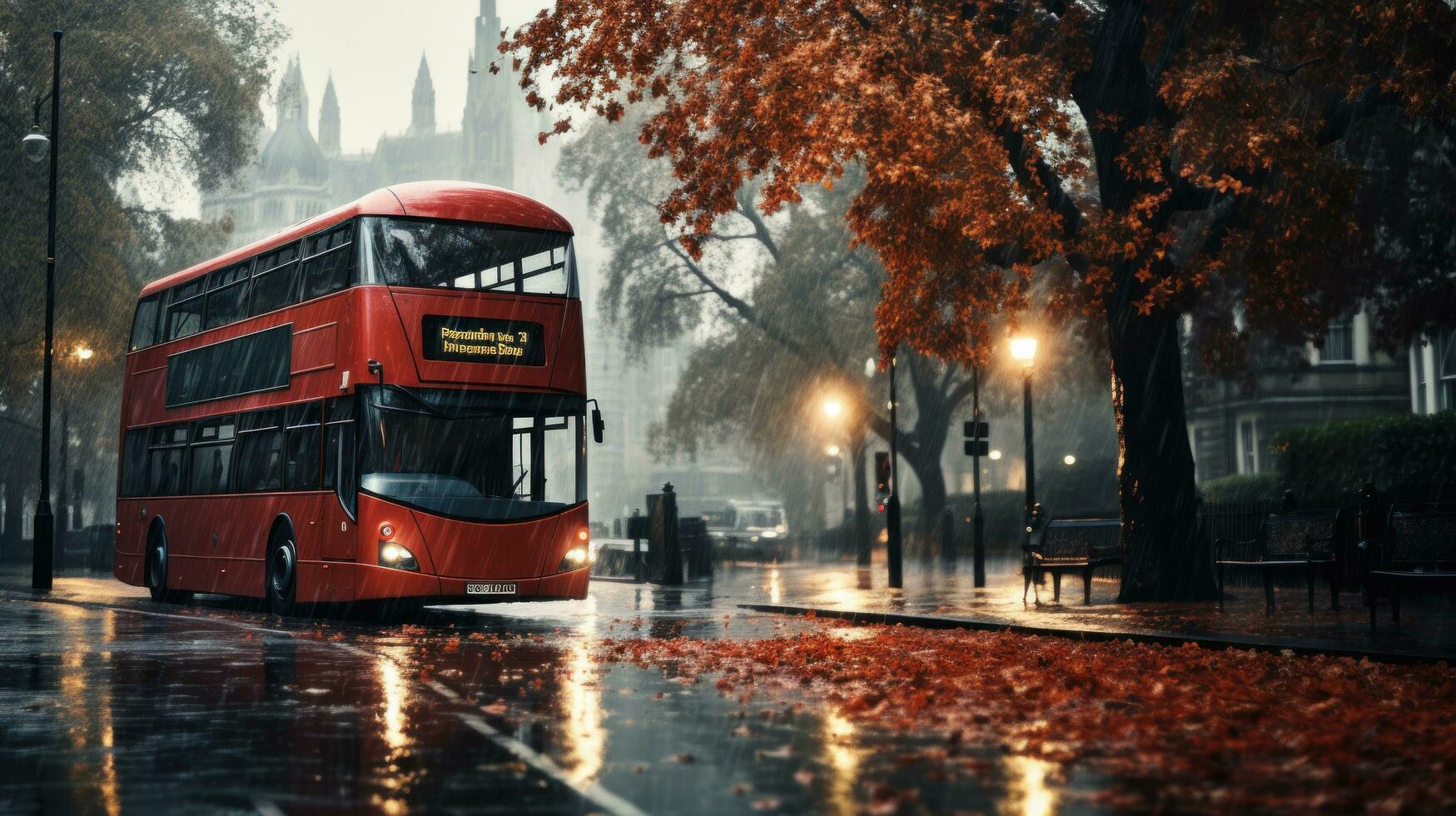 London street with red bus in rainy day sketch illustration photo