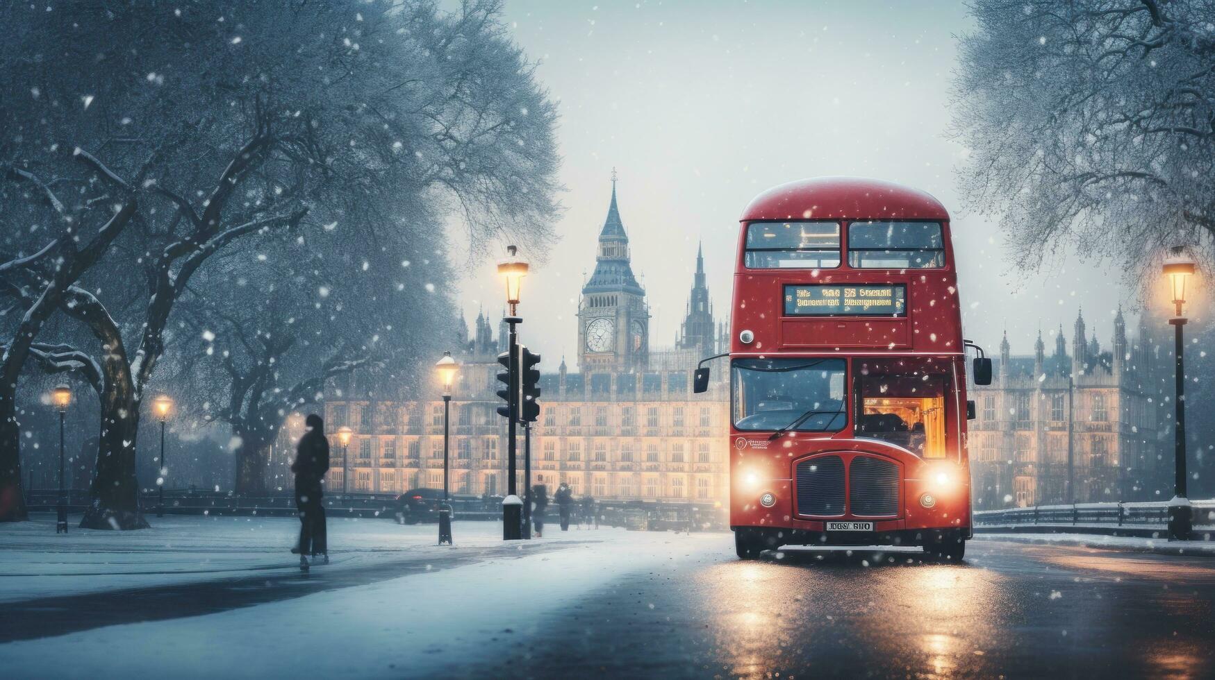 London street with red bus in rainy day sketch illustration photo