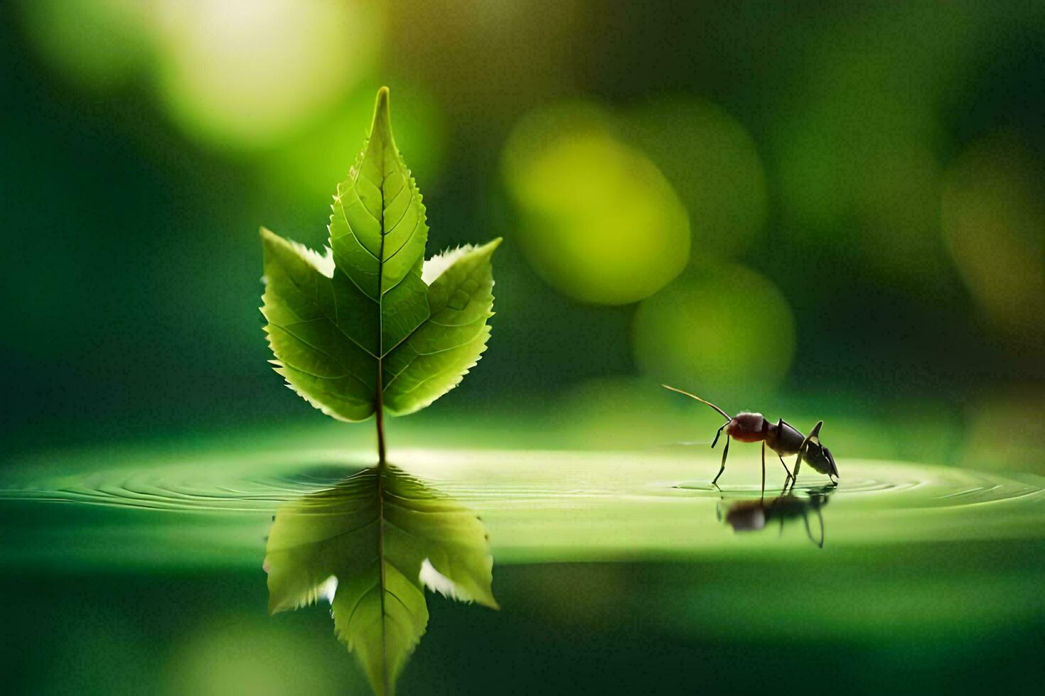 a small ant is standing on a leaf in the water. AI-Generated photo