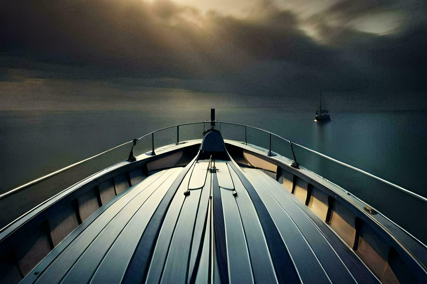 a boat is docked in the ocean with a sun shining. AI-Generated photo