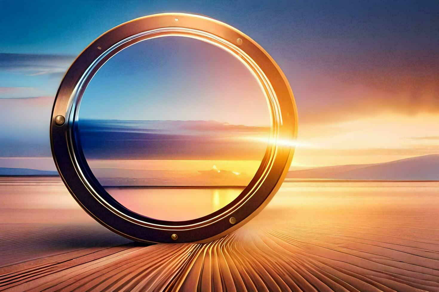 a porthole looking out to the ocean at sunset. AI-Generated photo