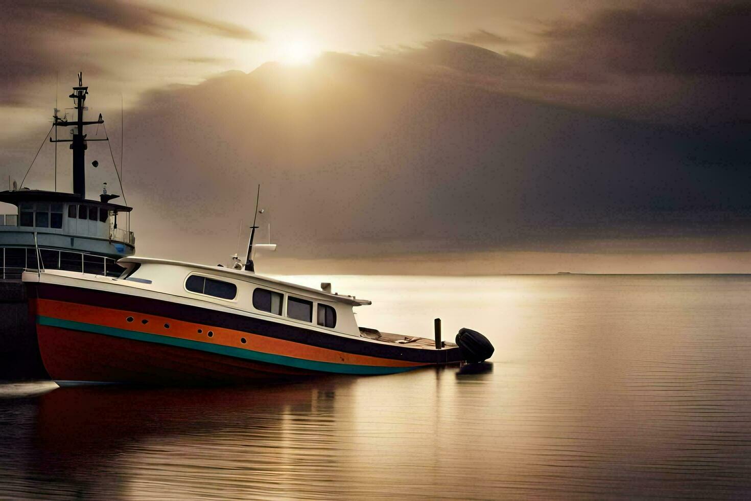 un barco es atracado en el agua con un nublado cielo. generado por ai foto