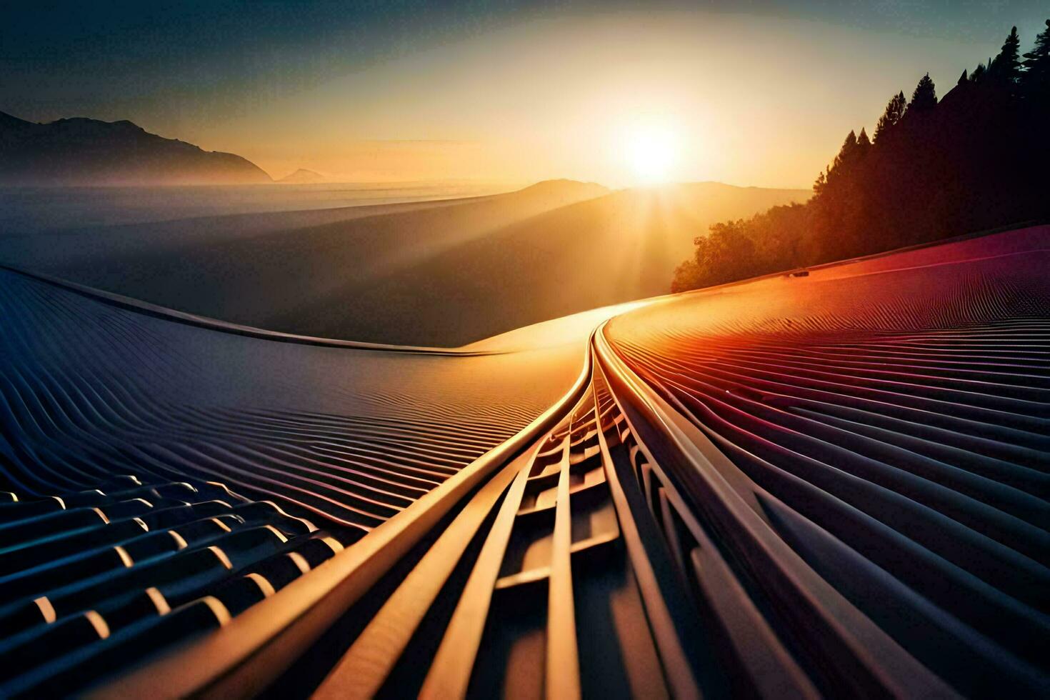 a train track with the sun setting behind it. AI-Generated photo