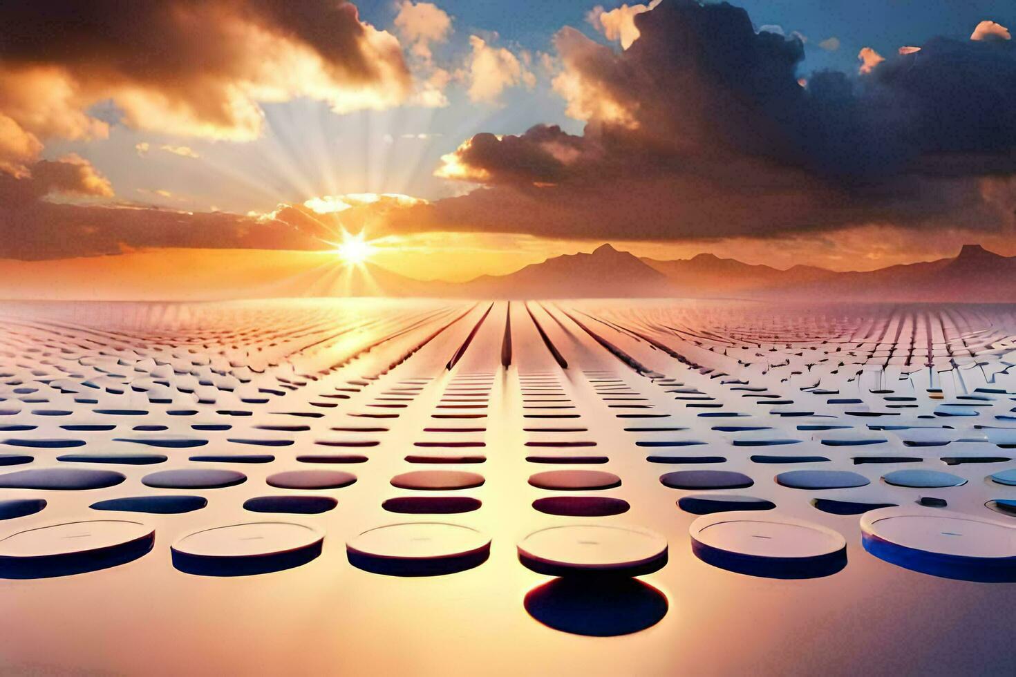 the sun is setting over a field of circles. AI-Generated photo