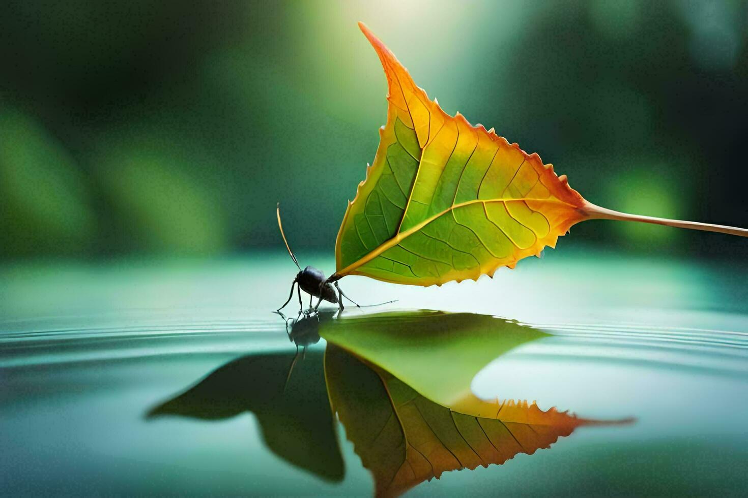 a leaf is sitting on the water with a bug. AI-Generated photo