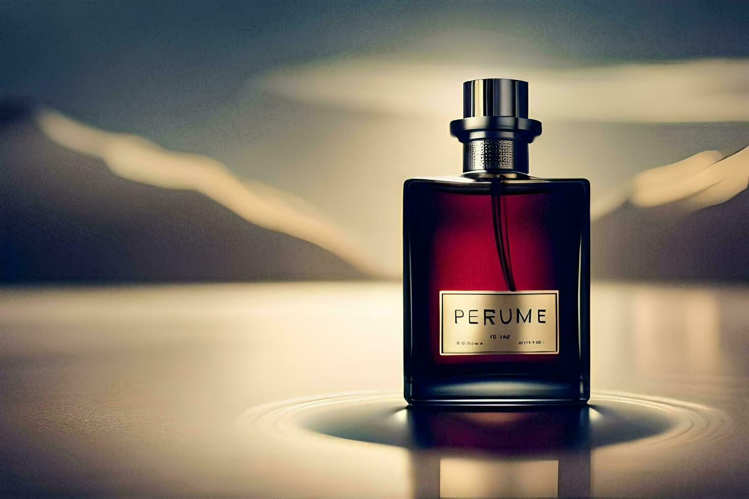 a bottle of perfume sitting on a table with mountains in the background. AI-Generated photo