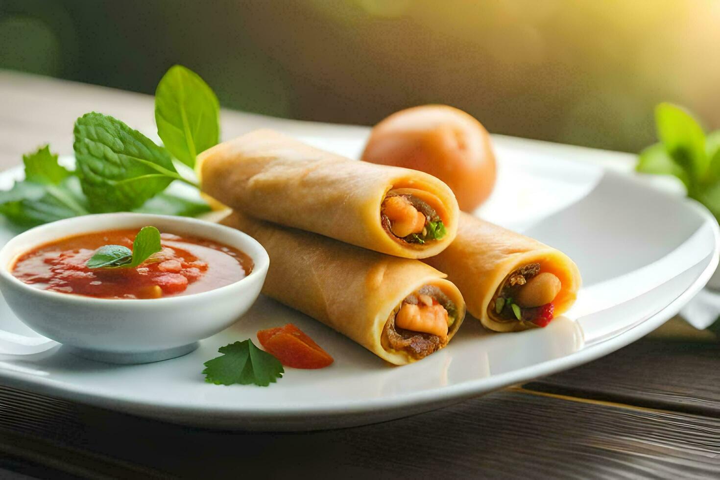 chicken spring rolls with sauce and vegetables on a plate. AI-Generated photo