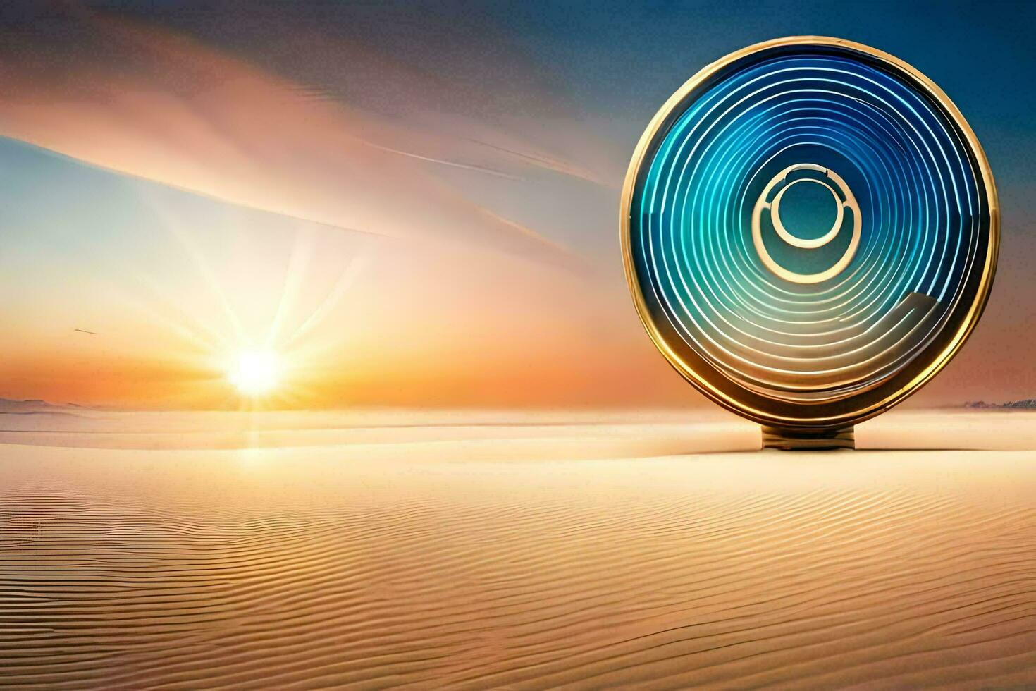 a circular object in the desert with the sun in the background. AI-Generated photo