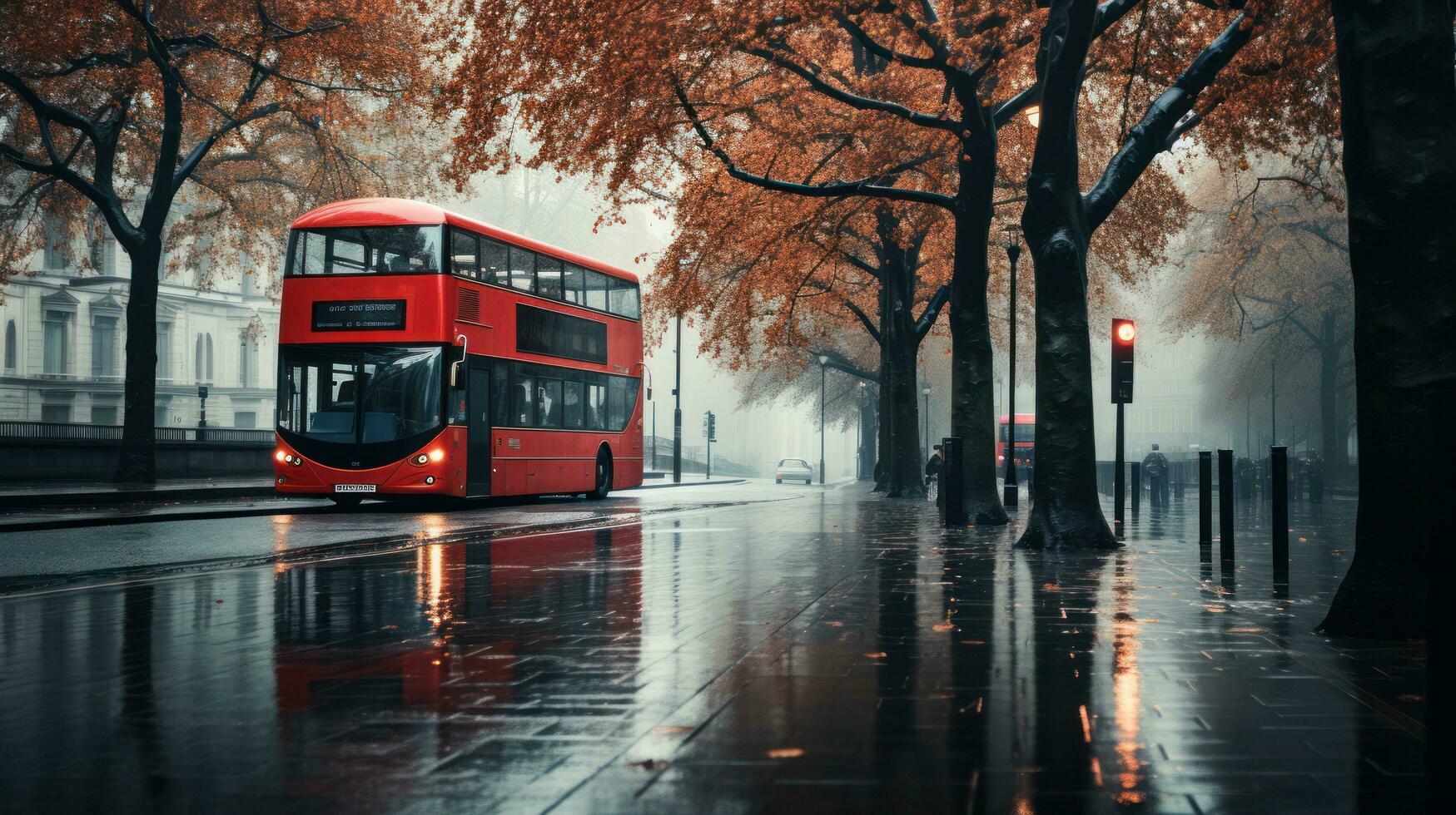 London street with red bus in rainy day sketch illustration photo