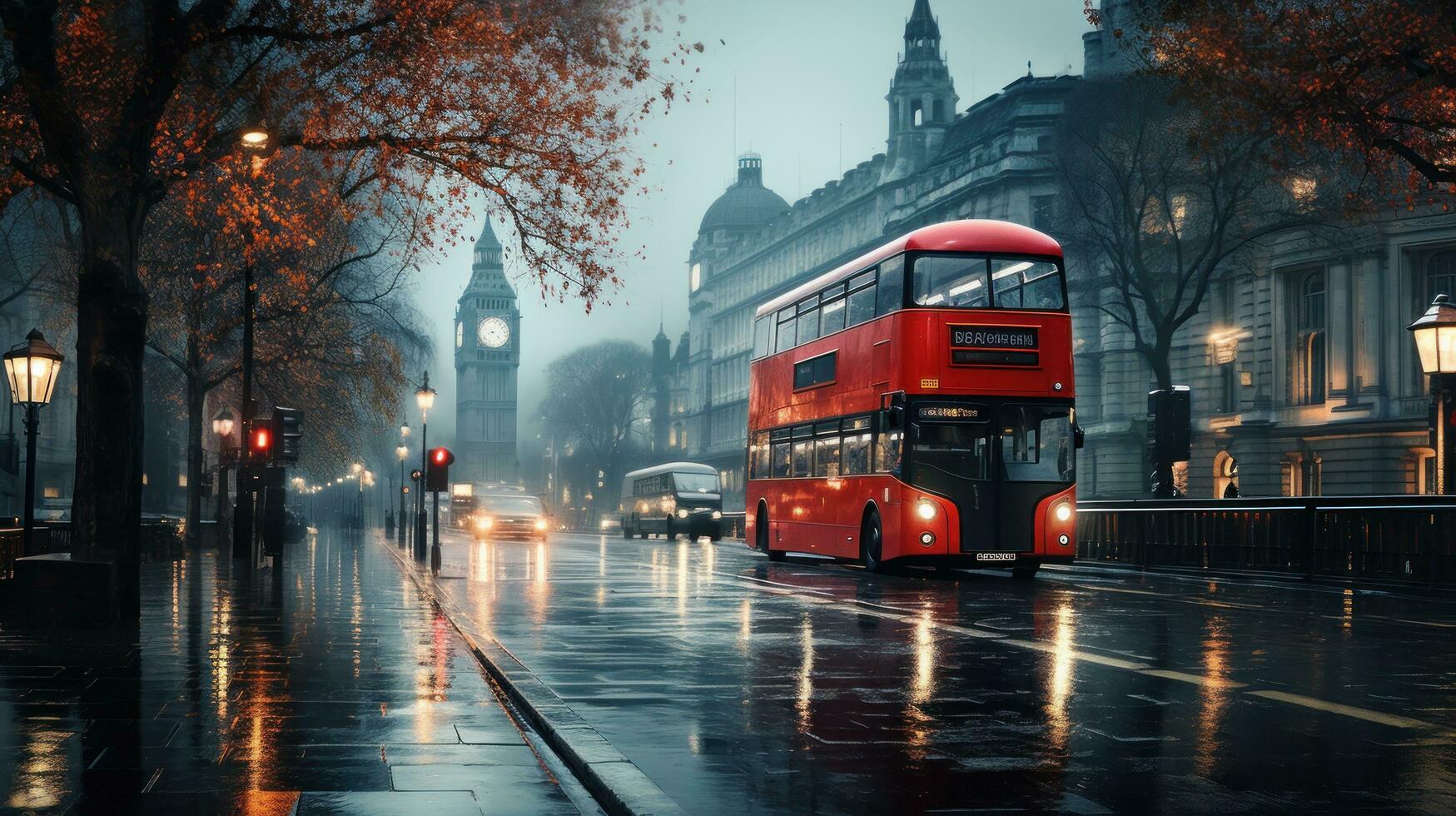 London street with red bus in rainy day sketch illustration photo