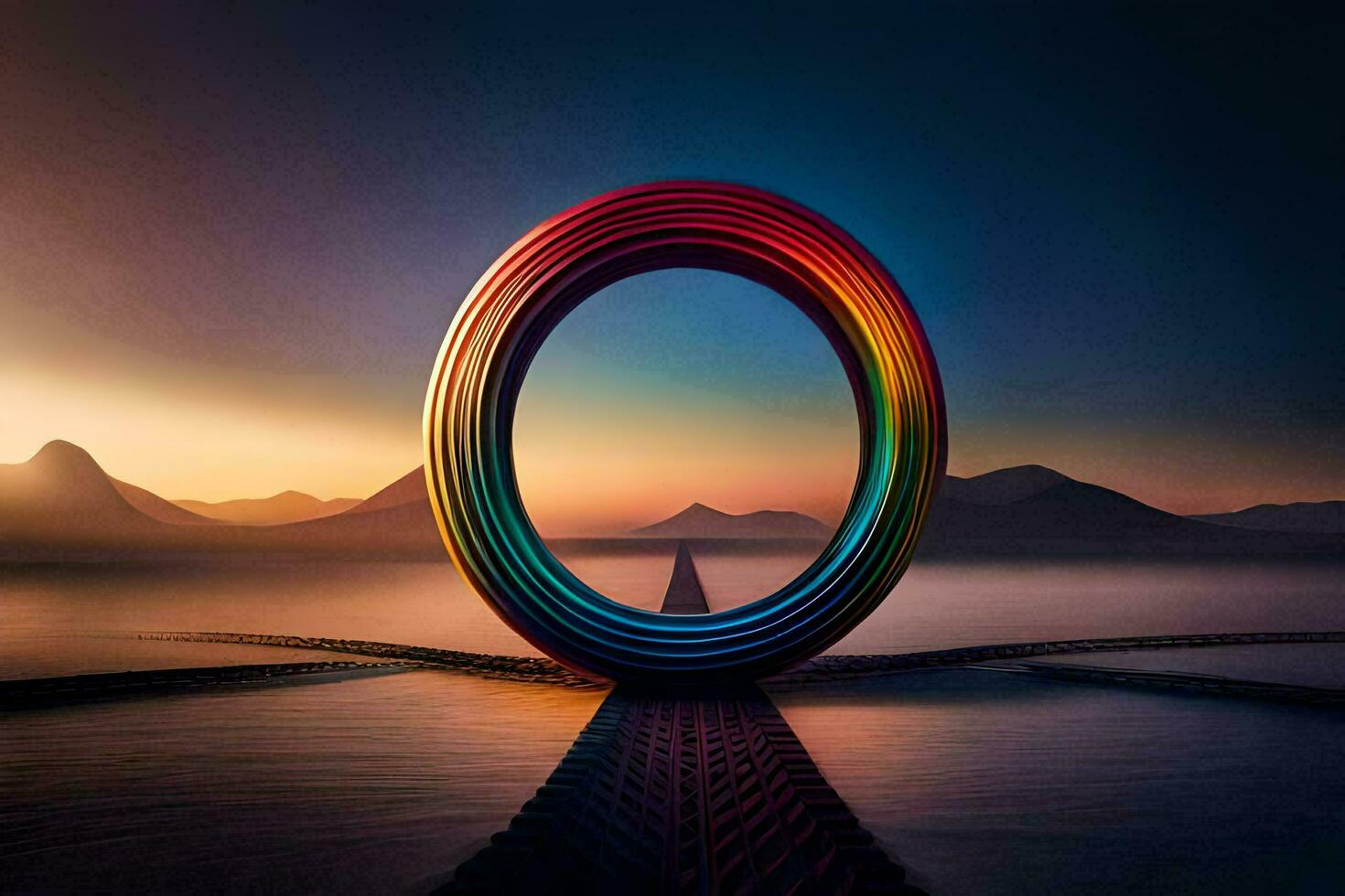 a rainbow colored ring is sitting on the ground. AI-Generated photo