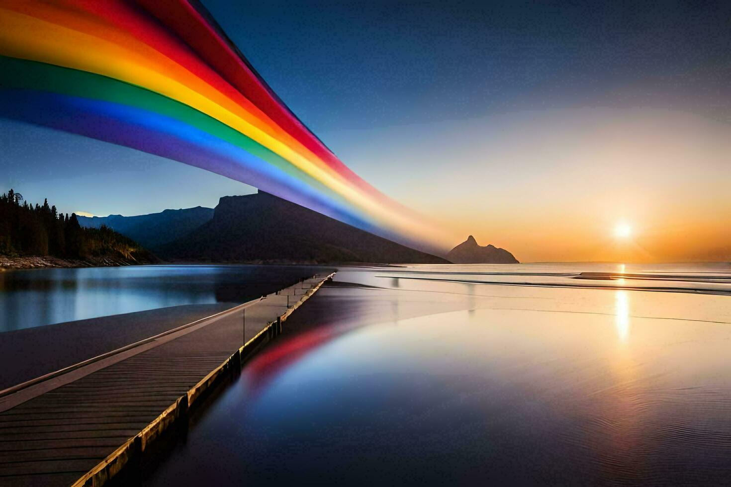 a rainbow is flying over a lake at sunset. AI-Generated photo