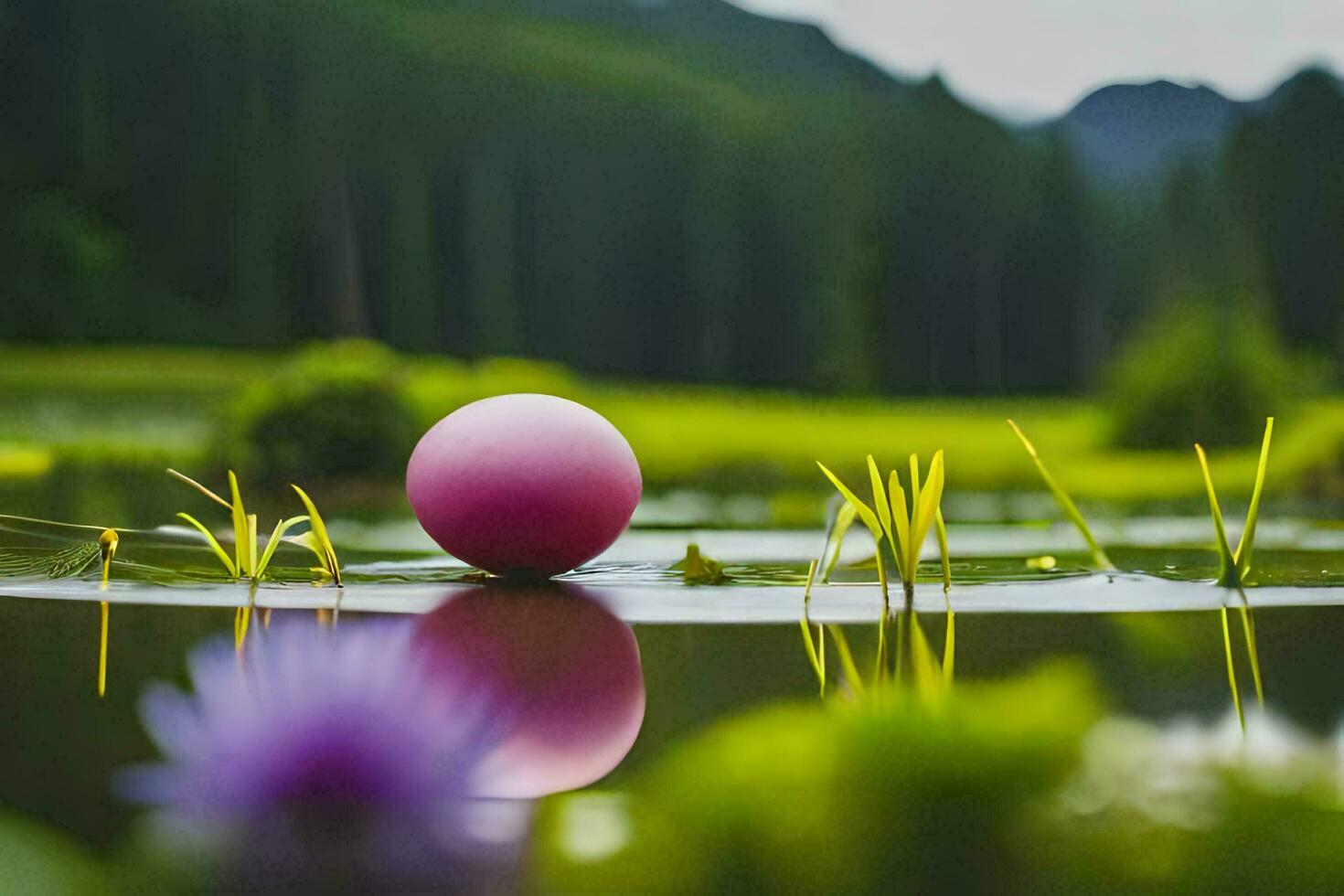 a pink ball floating in a pond with flowers. AI-Generated photo