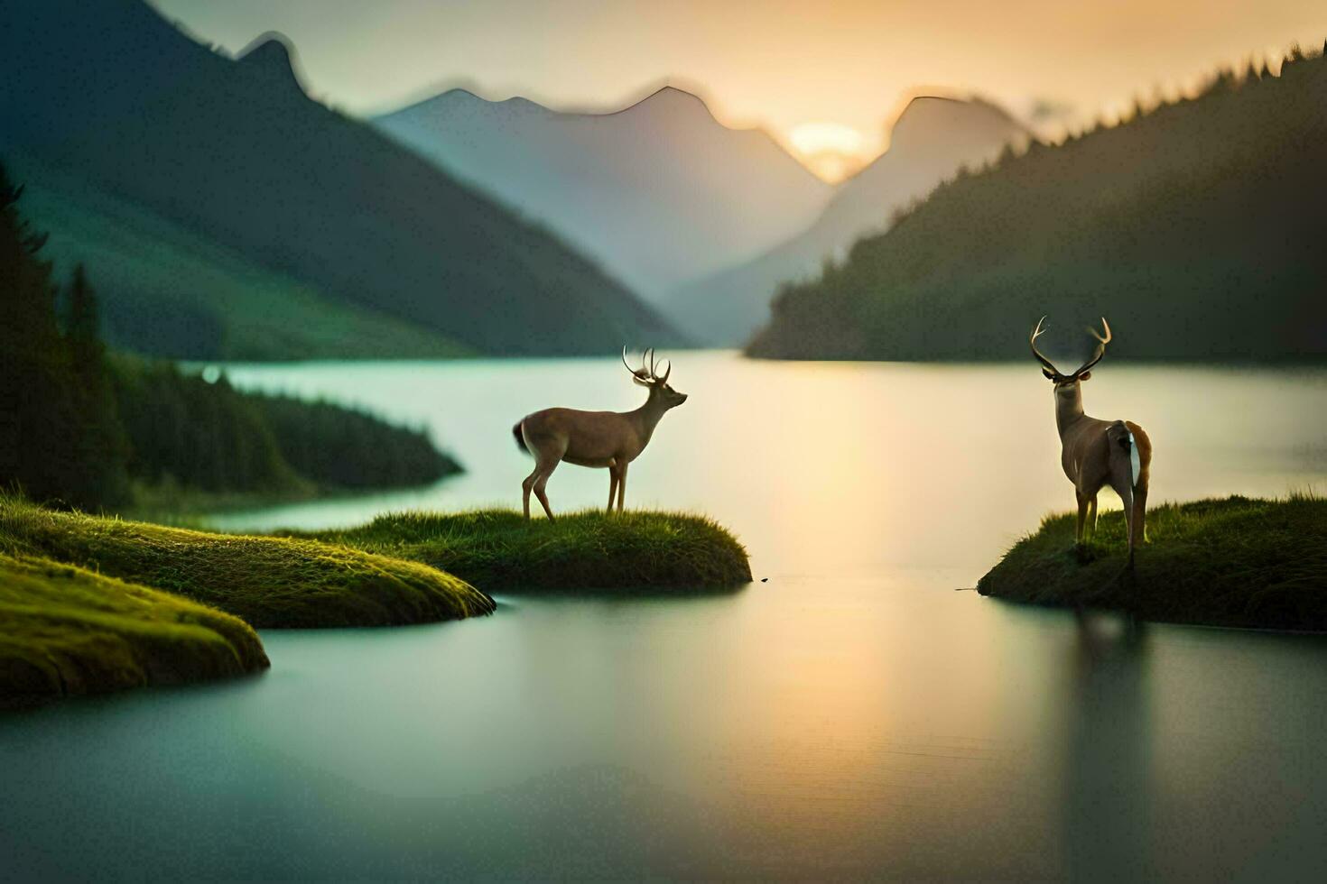 two deer stand on the edge of a lake at sunset. AI-Generated photo