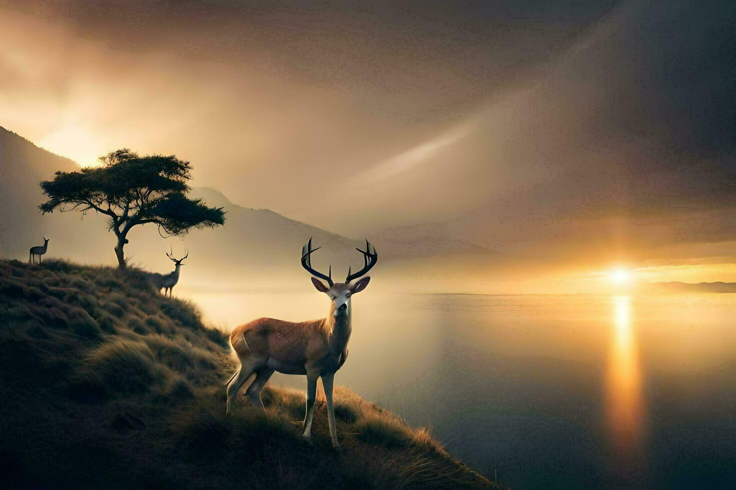 dos ciervo estar en el borde de un acantilado con vista a el agua. generado por ai foto