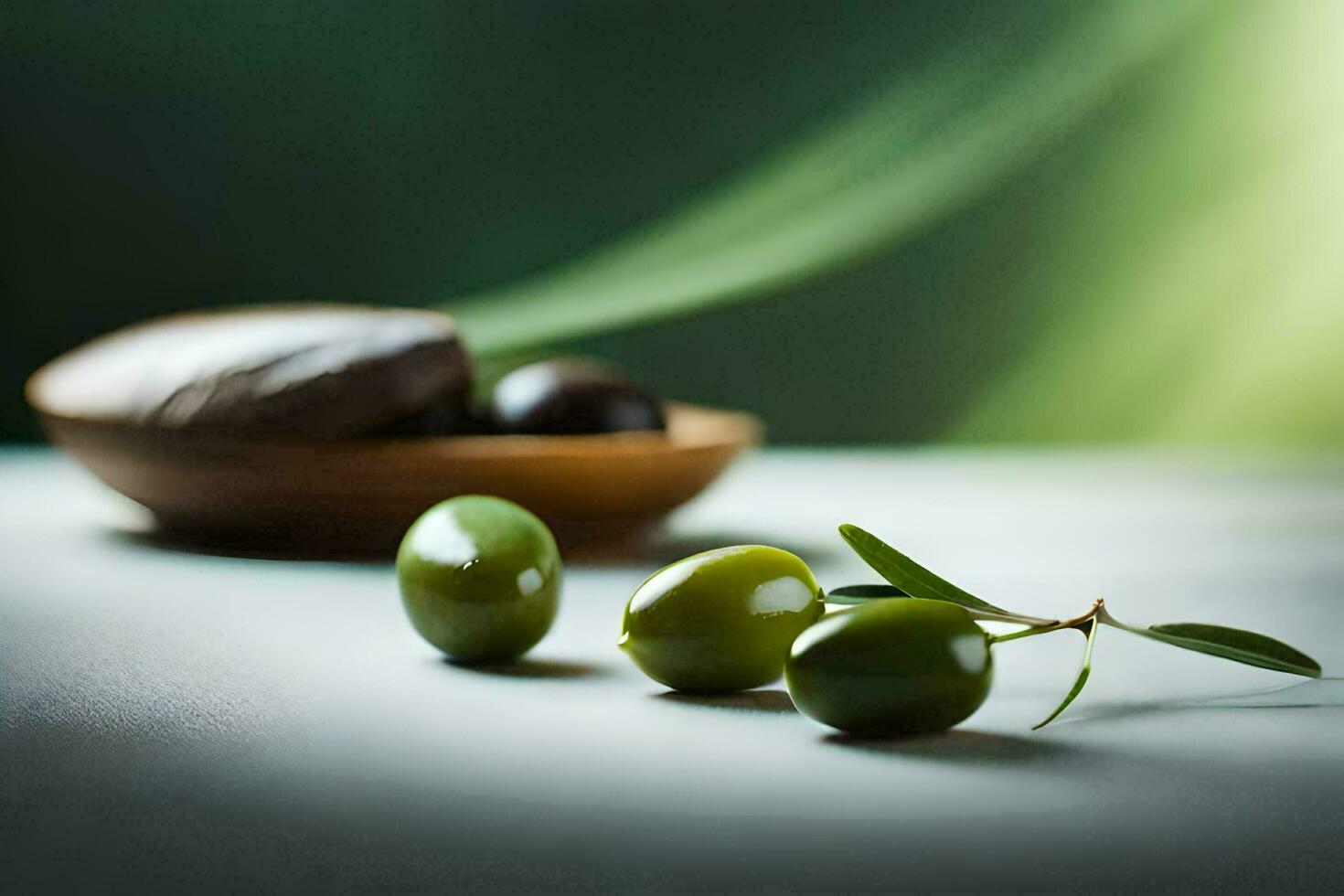 olives on a table with a wooden bowl. AI-Generated photo