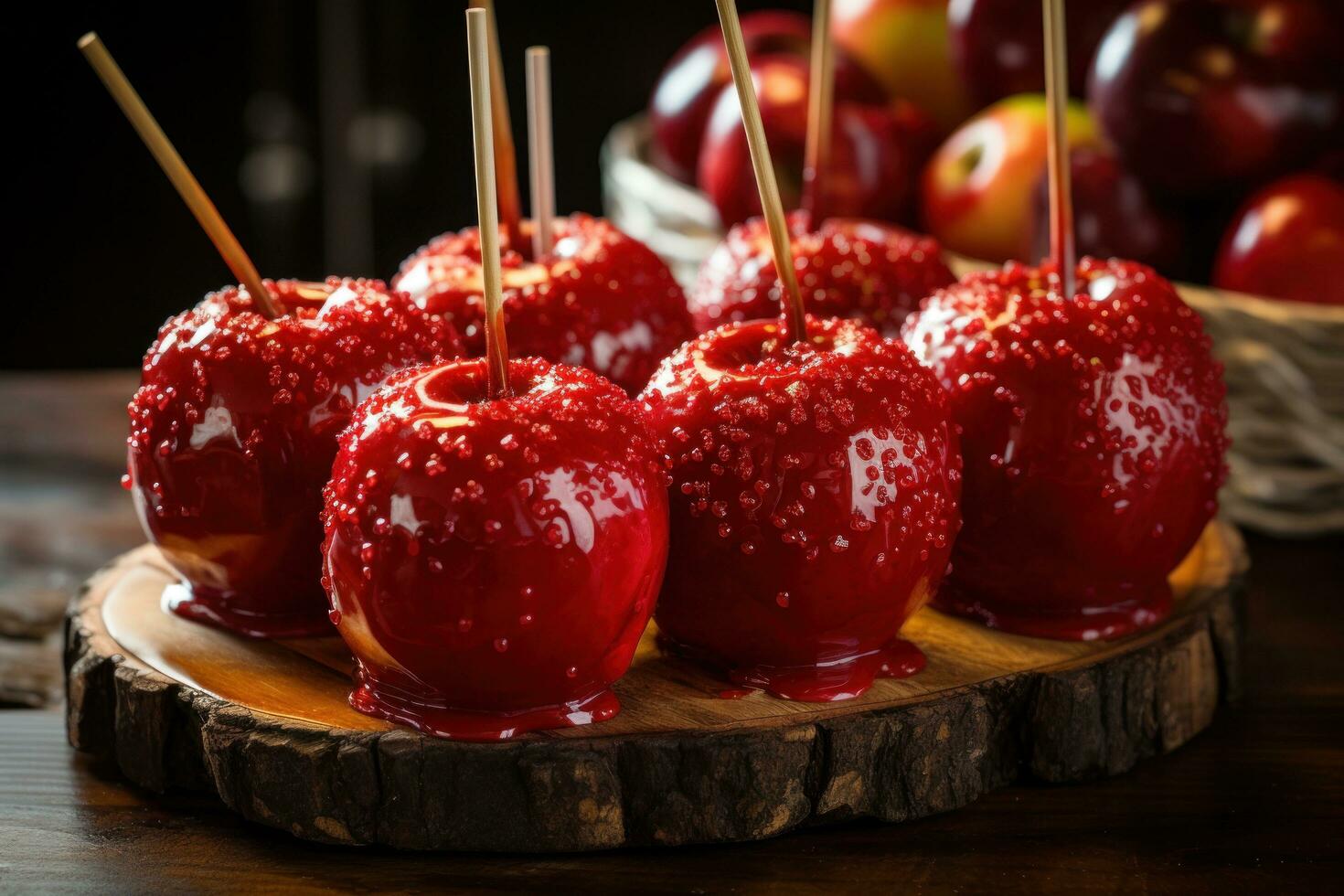 Delicious Glazed Red Toffee Candy Apples on Sticks photo