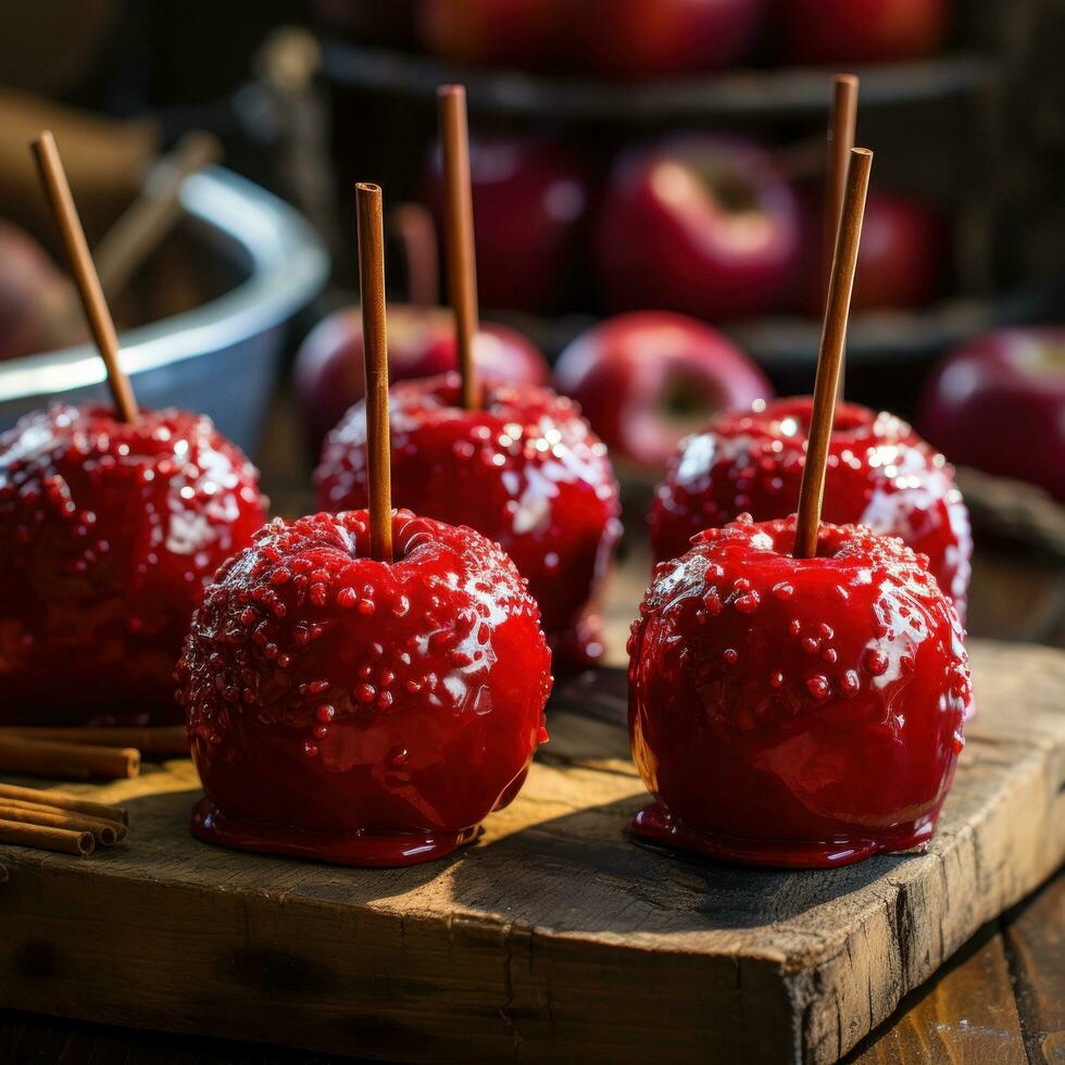 Delicious Glazed Red Toffee Candy Apples on Sticks photo