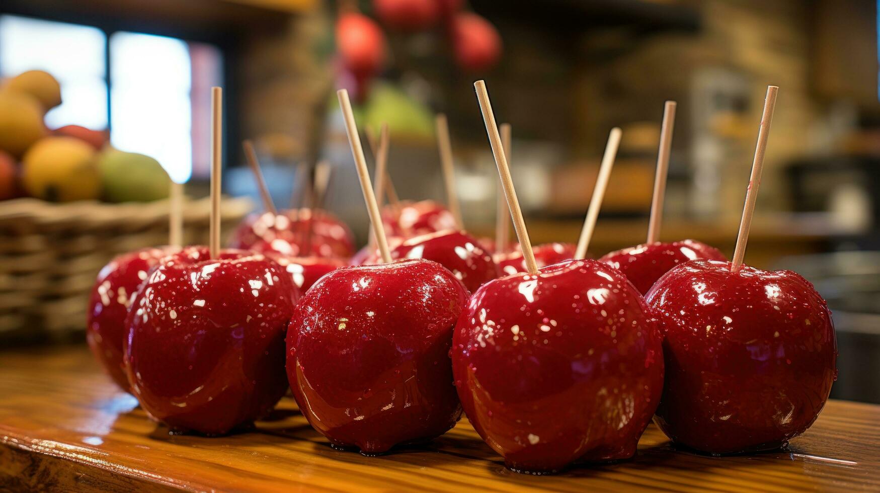 delicioso vidriado rojo caramelo caramelo manzanas en palos foto