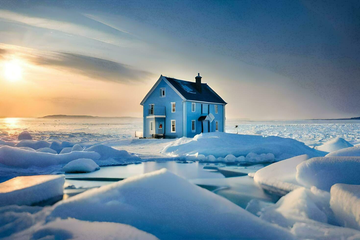 a house on the ice in the middle of the ocean. AI-Generated photo