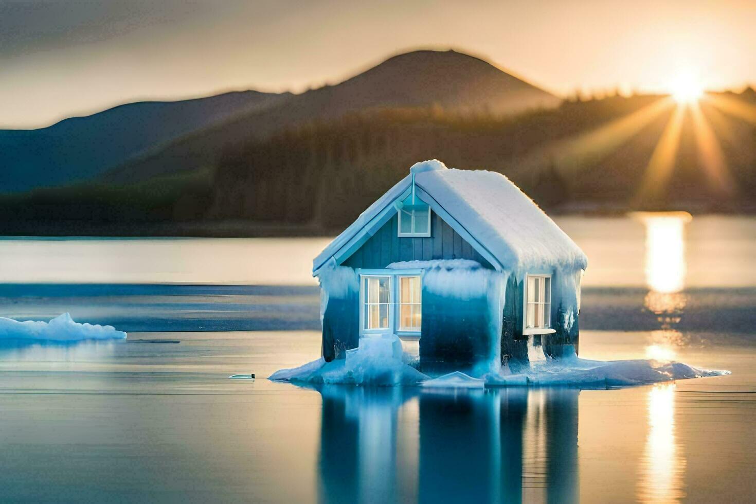 a small house sits on an ice floe in the middle of a lake. AI-Generated photo