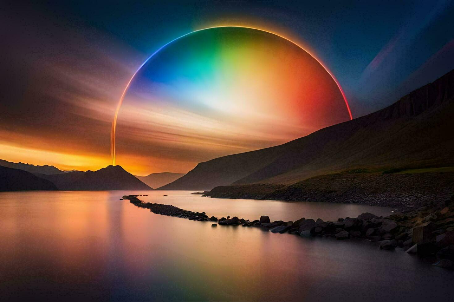 a rainbow is reflected in the water at sunset. AI-Generated photo