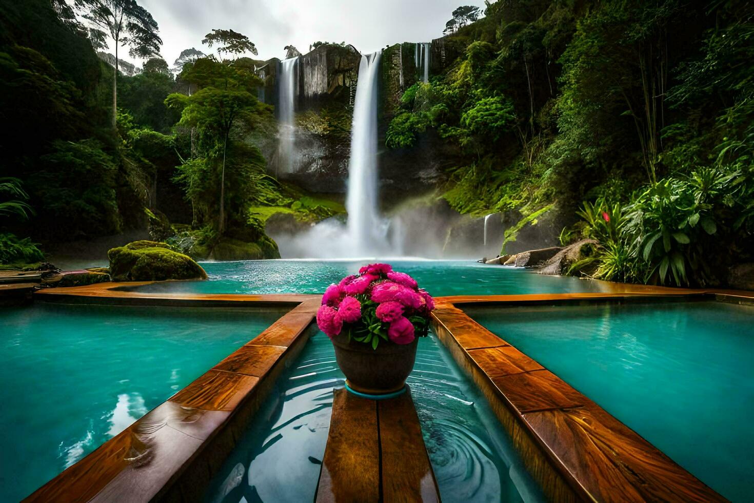 beautiful waterfall in the jungle with flowers in the water. AI-Generated photo