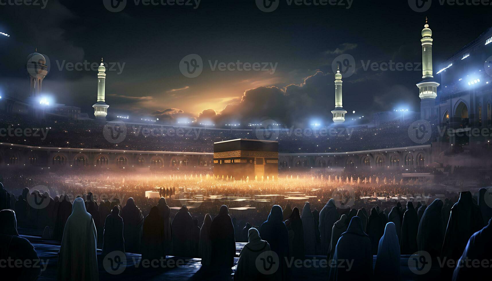 Hajj mabrour with mosque and crowd at night AI Generated photo