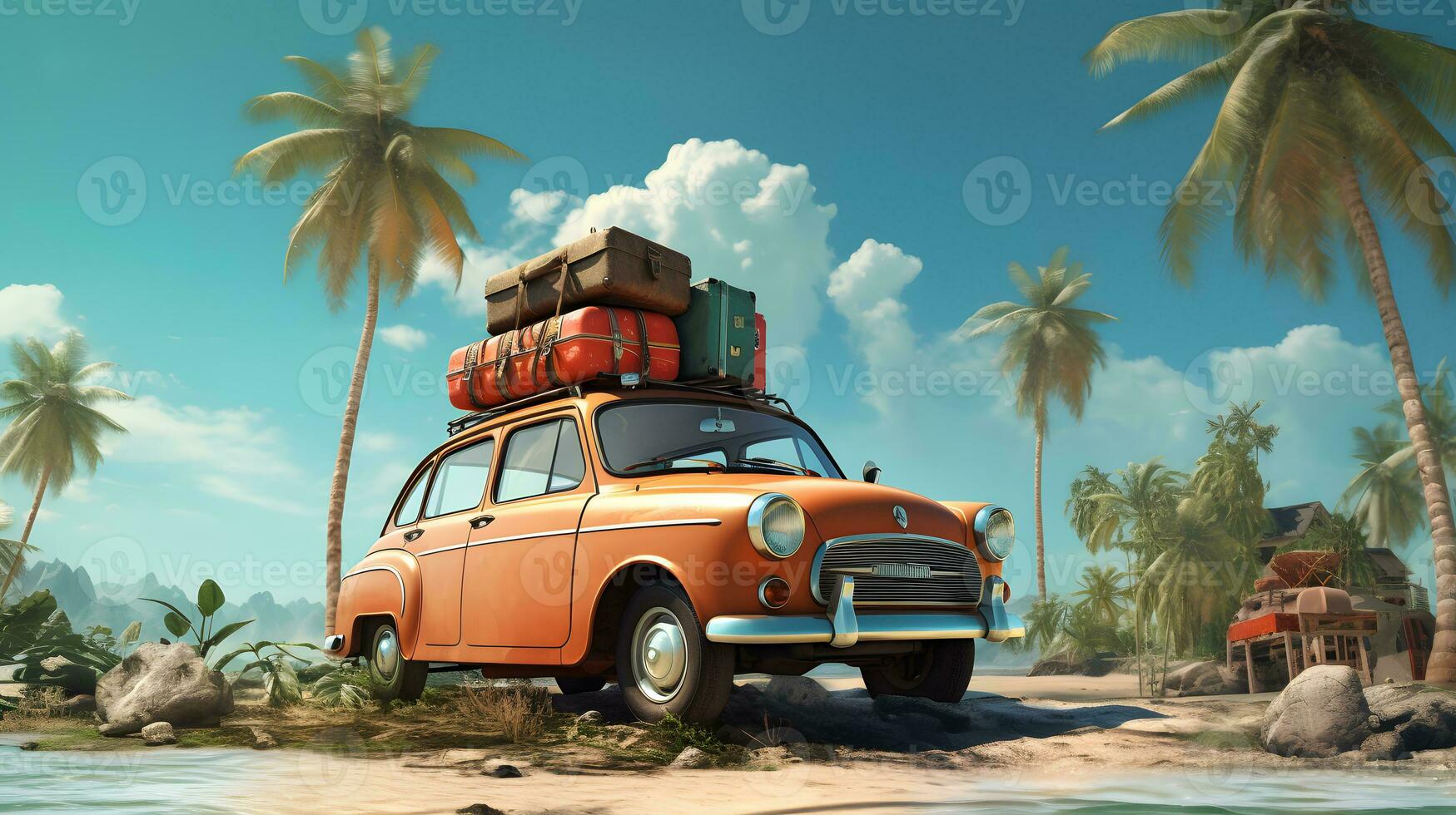 Clásico coche con equipaje en tropical isla antecedentes ai generado foto