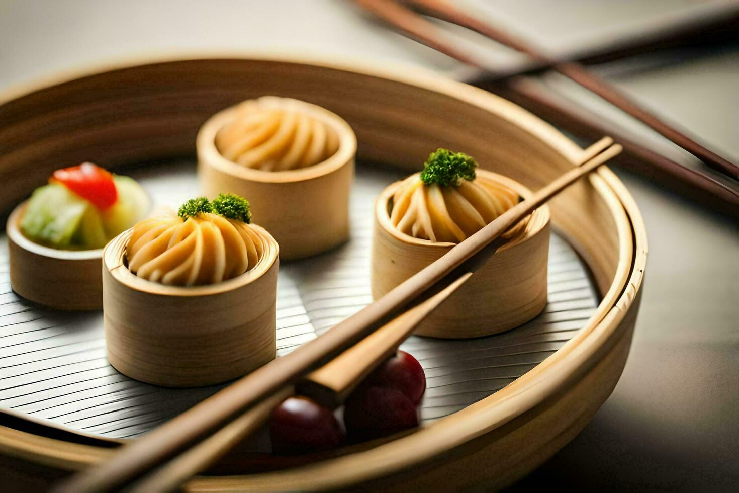 a bamboo steamer with three different types of food. AI-Generated photo