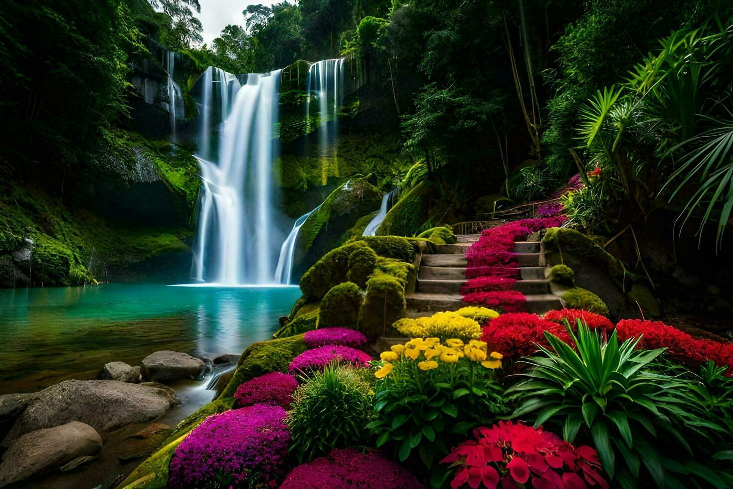 beautiful waterfall in the jungle with colorful flowers. AI-Generated photo