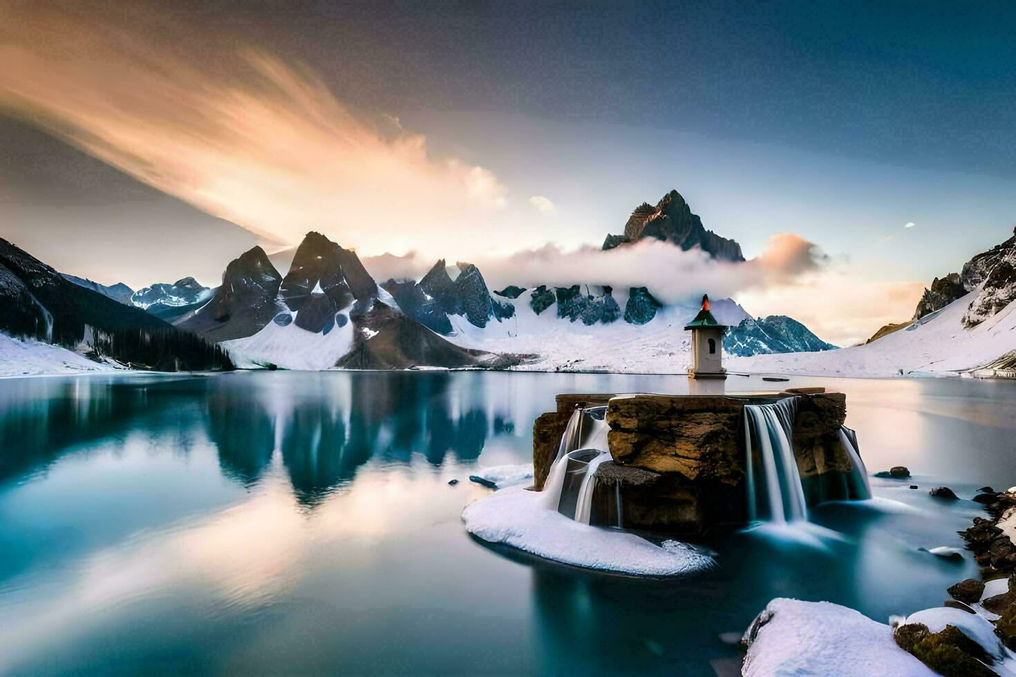 a lake surrounded by mountains and water at sunset. AI-Generated photo