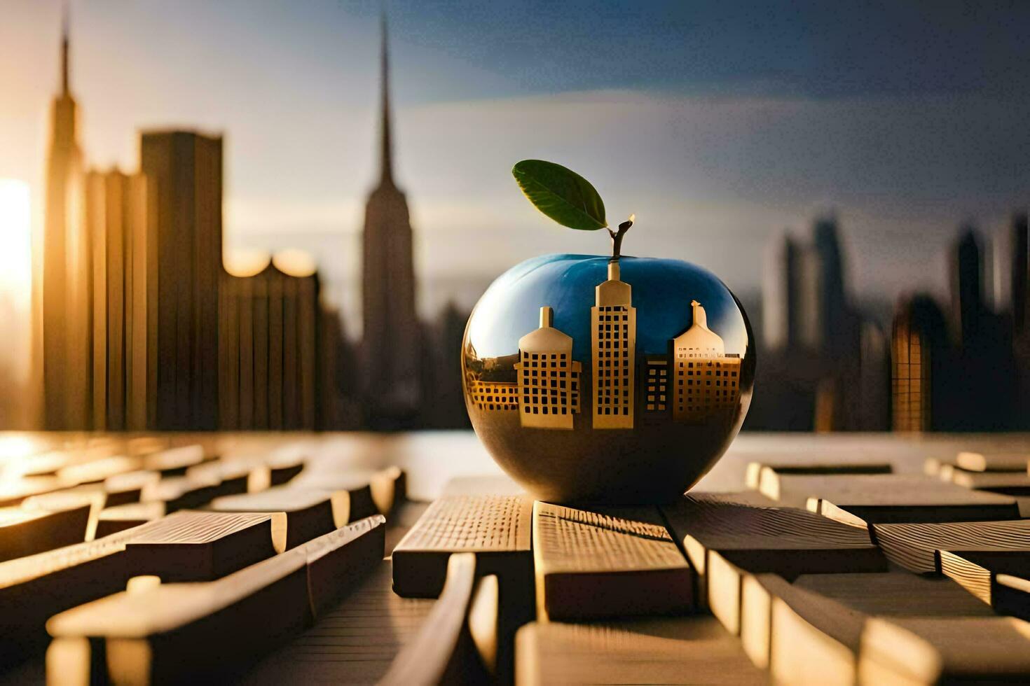 an apple with a cityscape in the background. AI-Generated photo