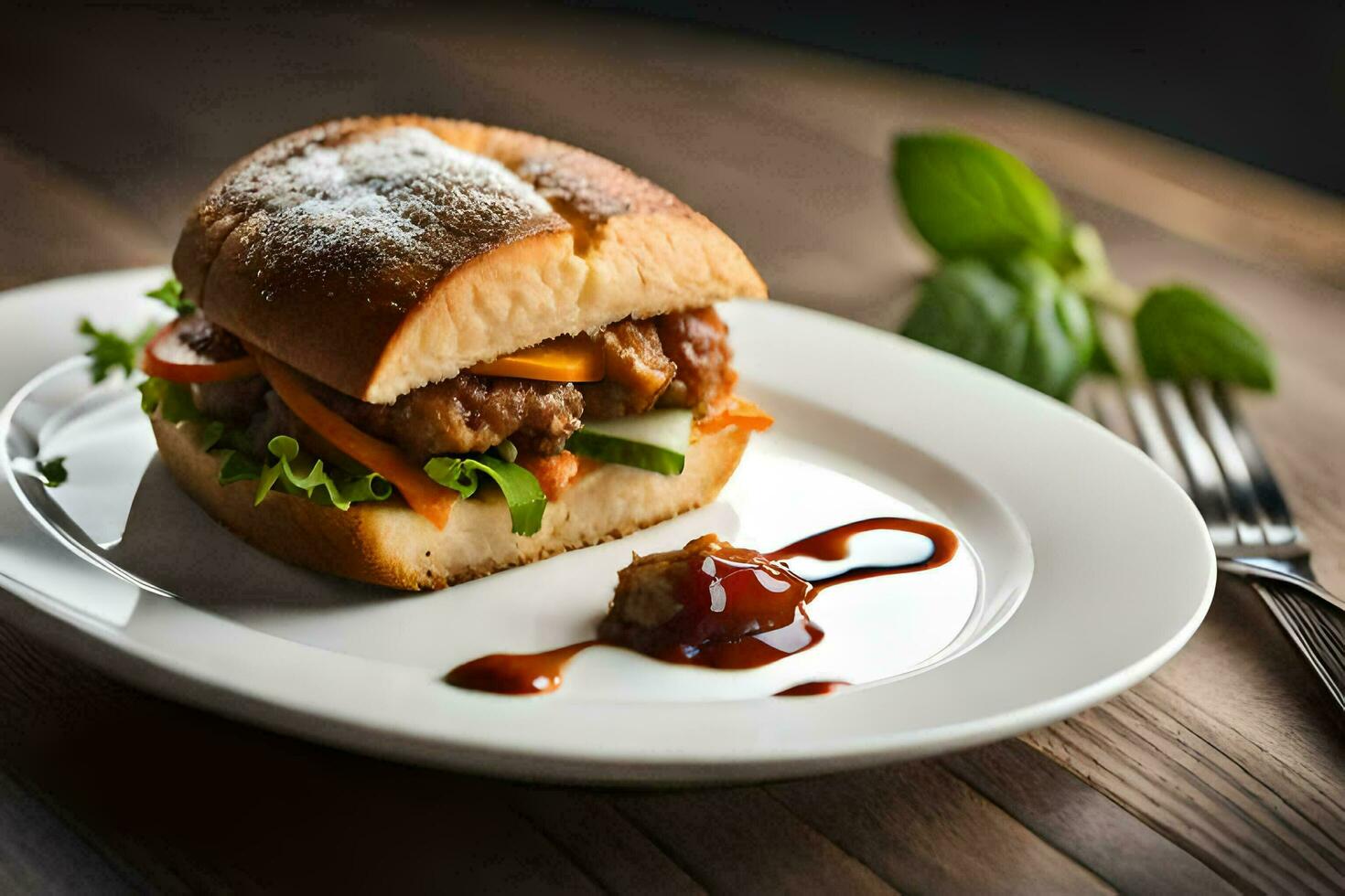 un emparedado con carne y salsa en un blanco lámina. generado por ai foto