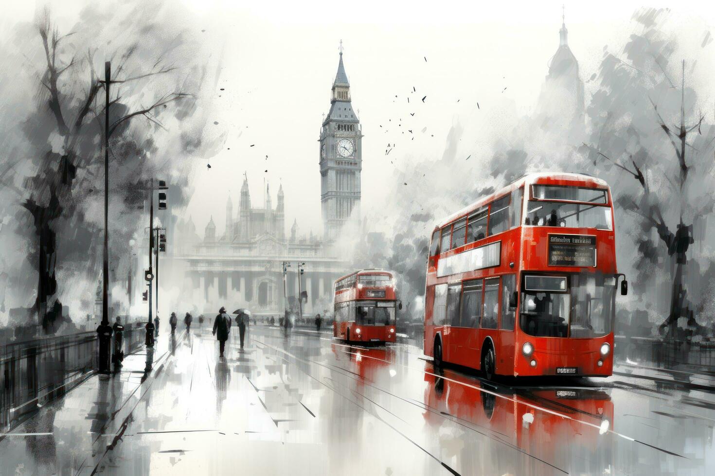 London street with red bus in rainy day sketch illustration photo