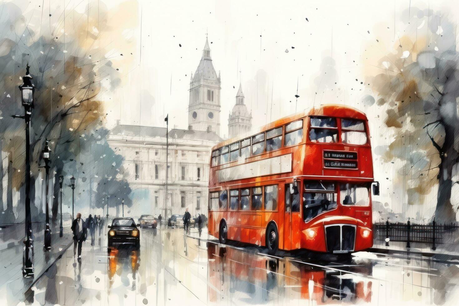 London street with red bus in rainy day sketch illustration photo