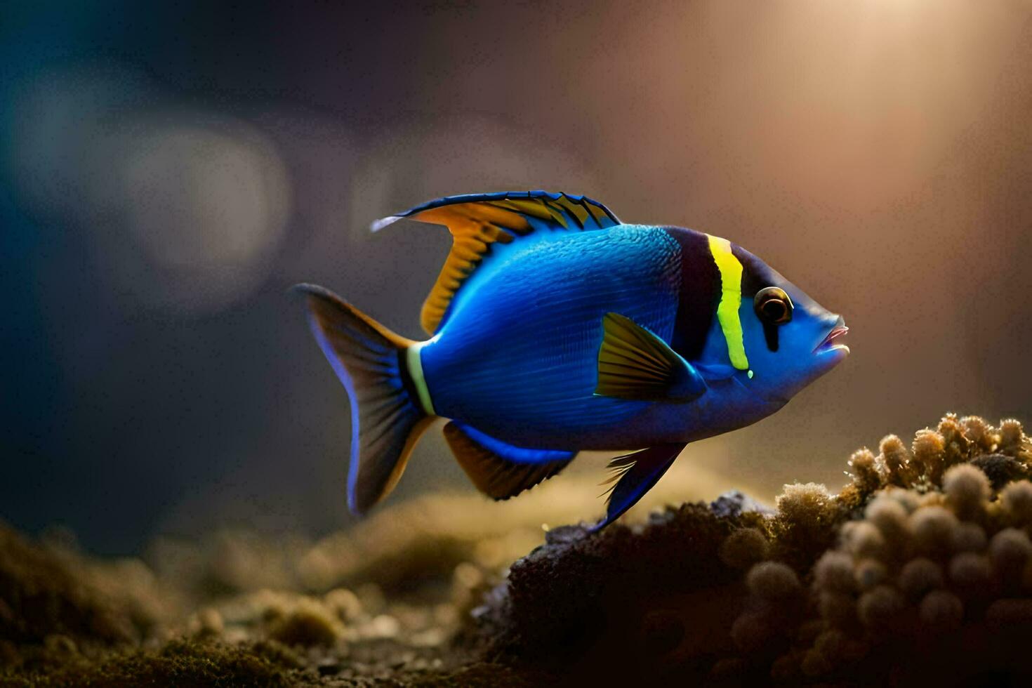 a blue and yellow fish in an aquarium. AI-Generated photo