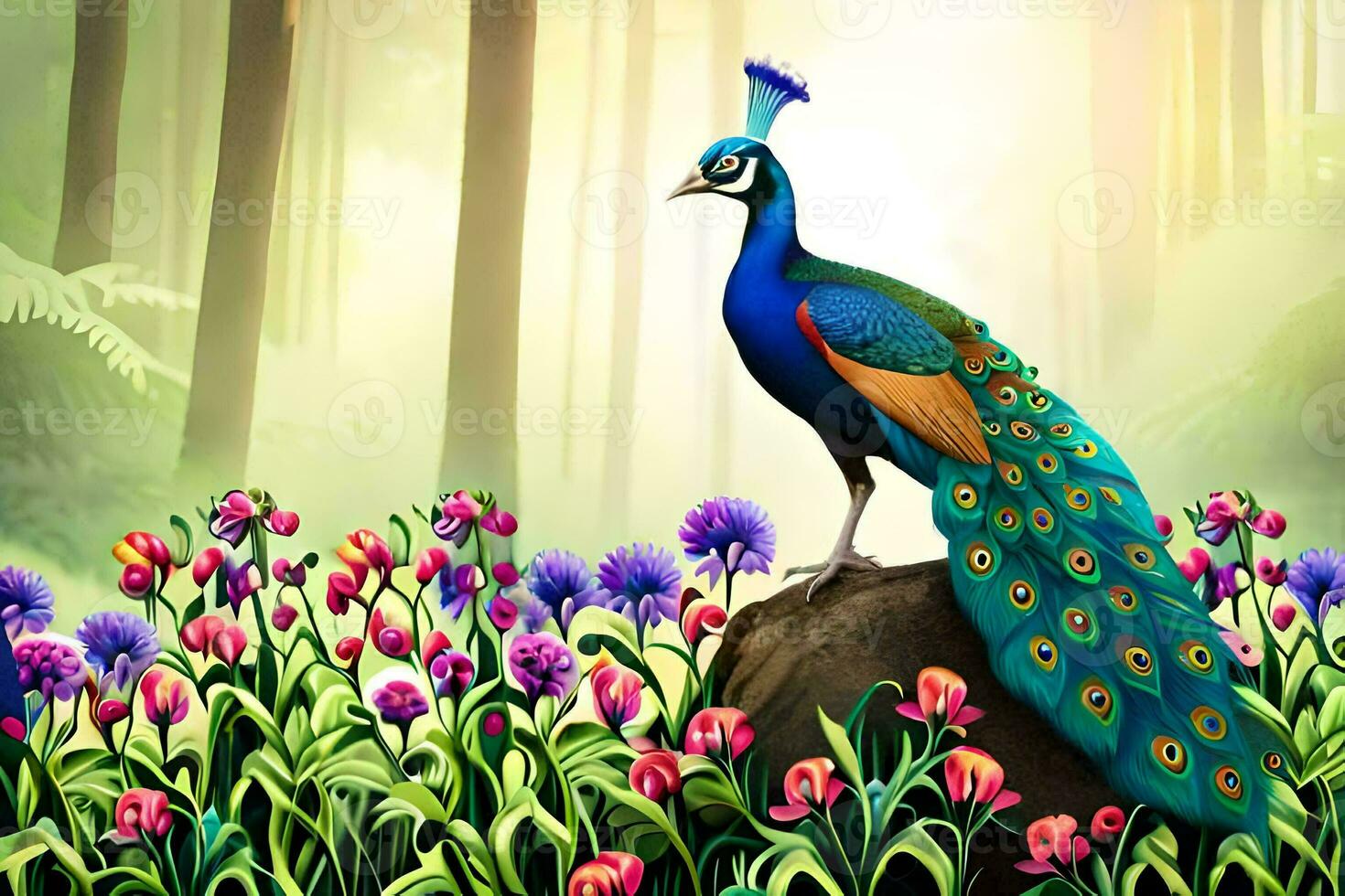 a colorful peacock stands on a rock in a forest photo