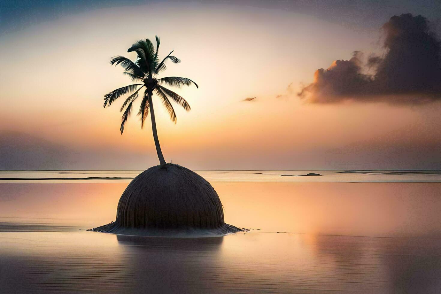 a lone palm tree stands on the beach at sunset. AI-Generated photo