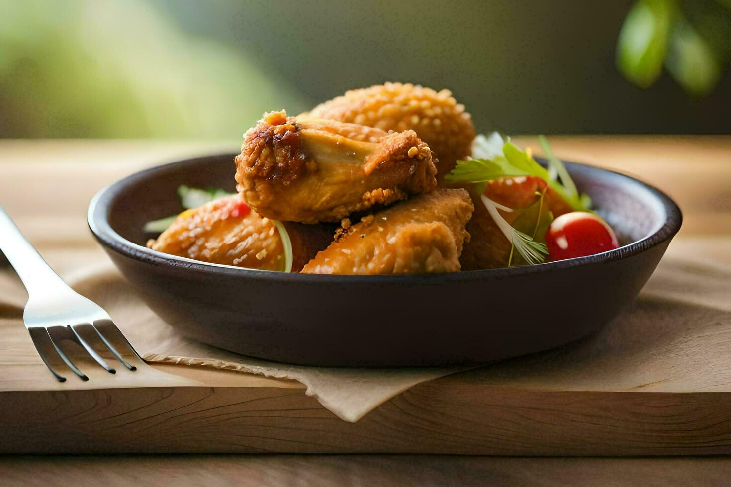 a bowl of chicken wings with a fork. AI-Generated photo