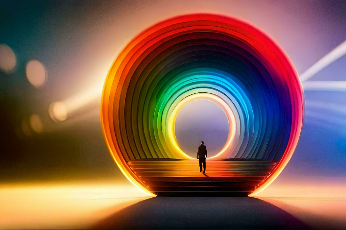 a man standing in front of a colorful circular object. AI-Generated photo