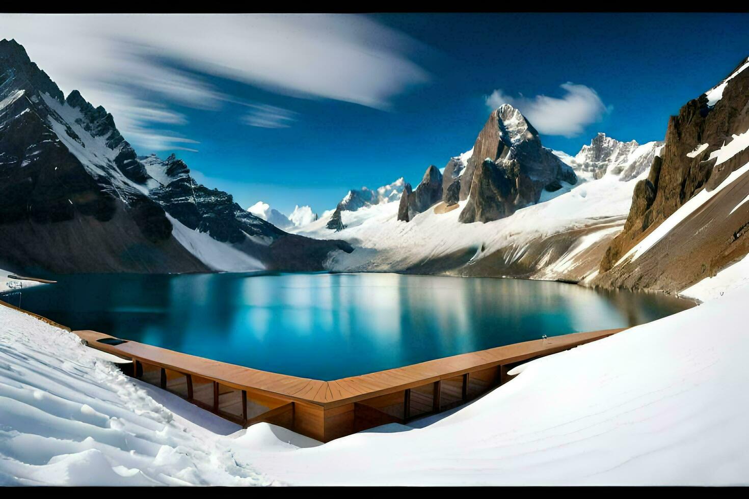 a lake surrounded by snow and mountains. AI-Generated photo