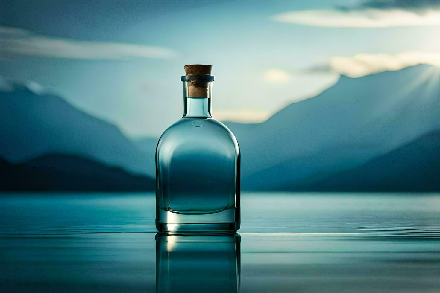 a bottle of alcohol sits on the water with mountains in the background. AI-Generated photo