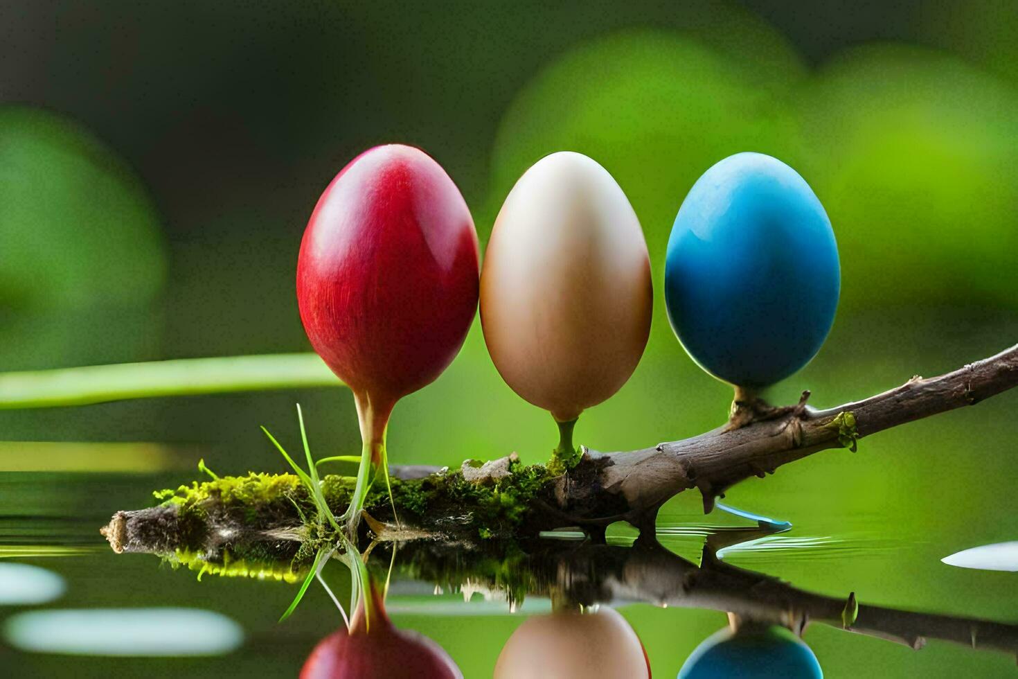 three colored eggs on a branch in water. AI-Generated photo