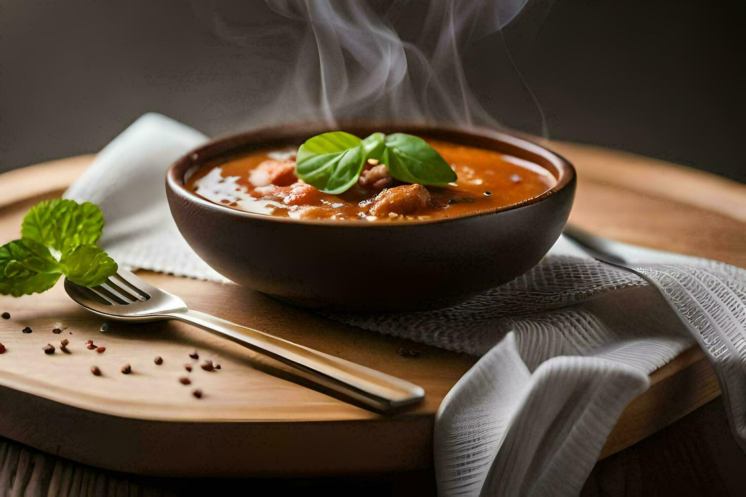 a bowl of soup with a spoon and a fork on a wooden table. AI-Generated photo