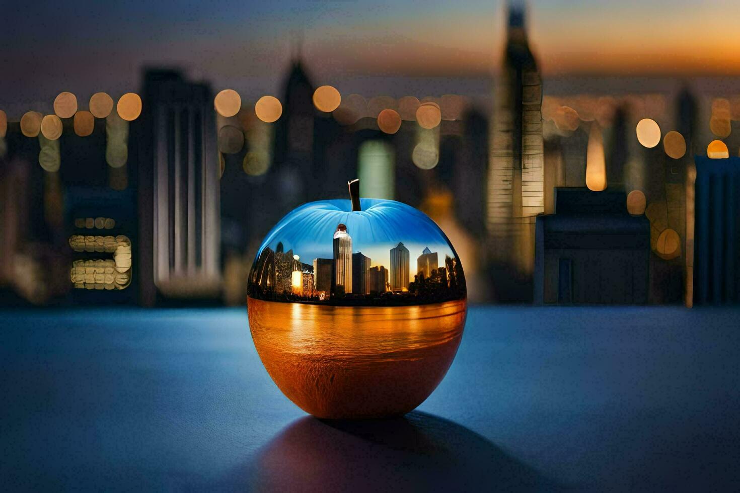 an apple with a cityscape in the reflection. AI-Generated photo
