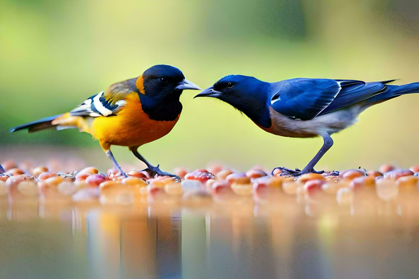 two birds are standing on top of a pond. AI-Generated photo